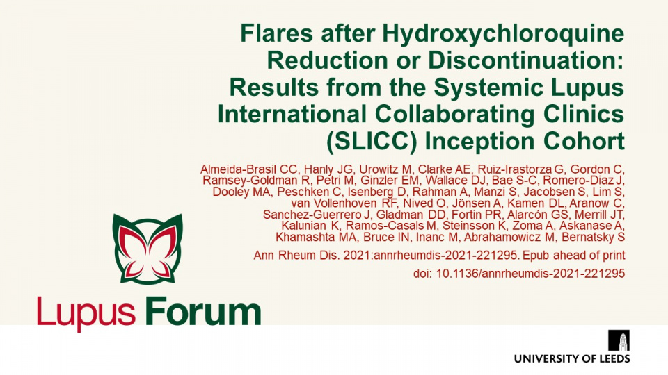 Publication thumbnail: Flares after Hydroxychloroquine  Reduction or Discontinuation:  Results from the Systemic Lupus  International Collaborating Clinics  (SLICC) Inception Cohort