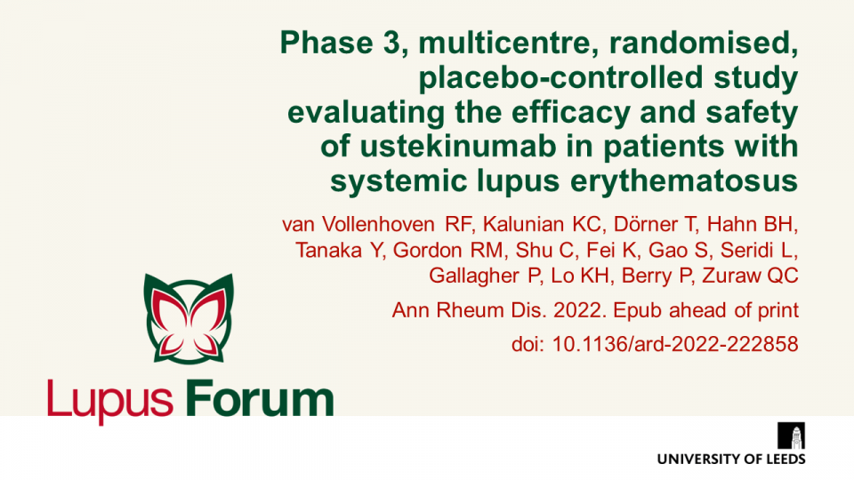 Publication thumbnail: Phase 3, multicentre, randomised, placebo-controlled study evaluating the efficacy and safety of ustekinumab in patients with systemic lupus erythematosus