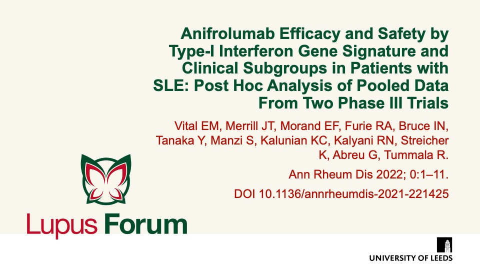 Publication thumbnail: Anifrolumab efficacy and safety by type I interferon gene signature and clinical subgroups in patients with SLE: post hoc analysis of pooled data from two phase III trials