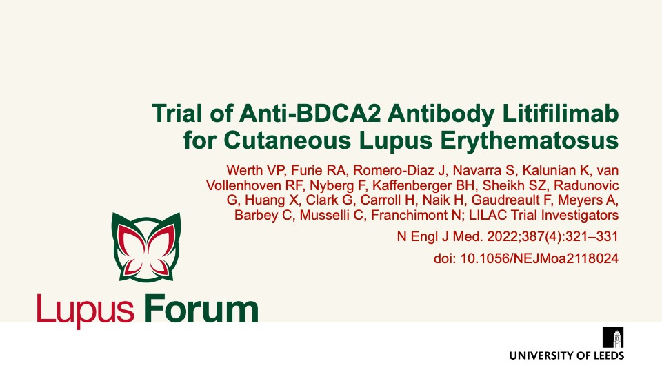 Publication thumbnail: Trial of Anti-BDCA2 Antibody Litifilimab for Cutaneous Lupus Erythematosus