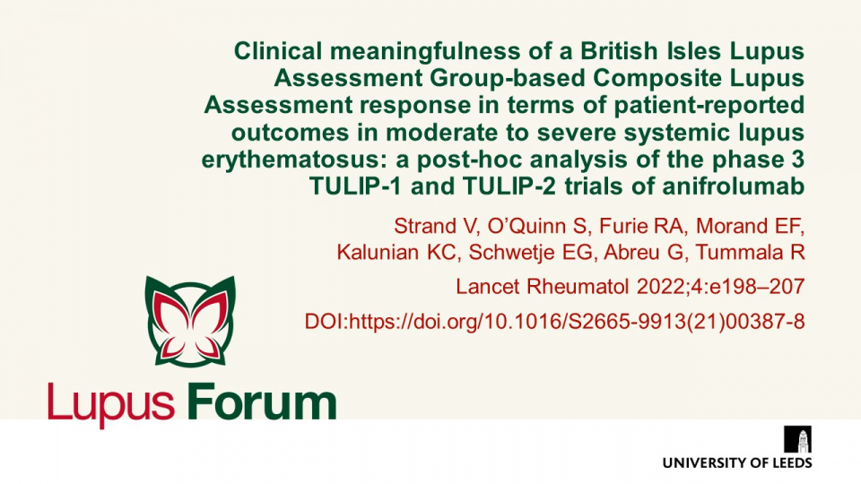 Publication thumbnail: Clinical meaningfulness of a British Isles Lupus Assessment Group-based Composite Lupus Assessment response in terms of patient-reported outcomes in moderate to severe systemic lupus erythematosus: a post-hoc analysis of the phase 3 TULIP-1 and TULIP-2 trials of anifrolumab