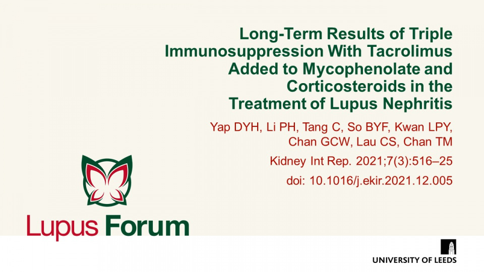 Publication thumbnail: Long-Term Results of Triple Immunosuppression With Tacrolimus Added to Mycophenolate and Corticosteroids in the Treatment of Lupus Nephritis