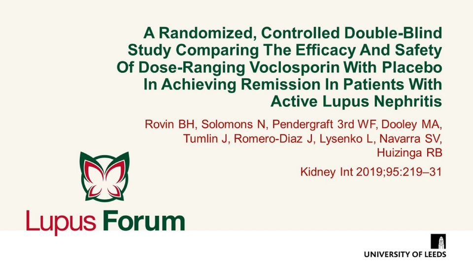 Publication thumbnail: A Randomized, Controlled Double-Blind Study Comparing The Efficacy And Safety Of Dose-Ranging Voclosporin With Placebo In Achieving Remission In Patients With Active Lupus Nephritis
