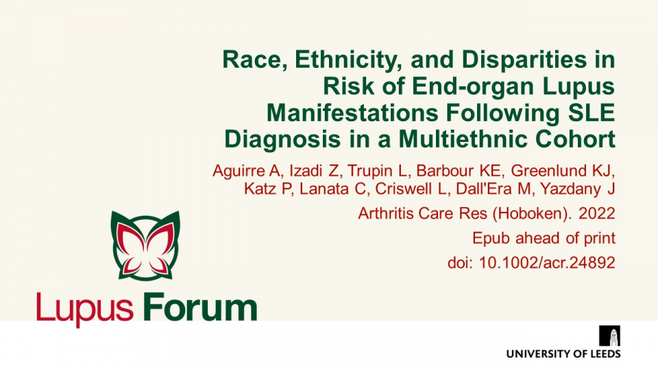 Publication thumbnail: Race, Ethnicity, and Disparities in Risk of End-organ Lupus Manifestations Following SLE Diagnosis in a Multiethnic Cohort