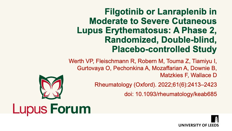 Publication thumbnail: Filgotinib or lanraplenib in moderate to severe cutaneous lupus erythematosus: a phase 2, randomized, double-blind, placebo-controlled study